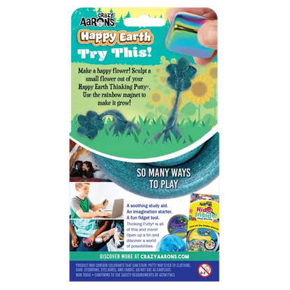 Crazy Aaron's Happy Earth Thinking Putty packaging with promotional text and images.