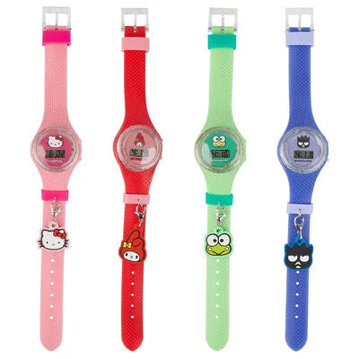 Four colorful digital watches with cartoon character faces on pink, red, green, and blue straps.