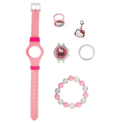 Pink watch, keychain, and bracelet with Hello Kitty design on a white background