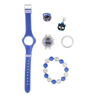 Set of blue wristwatch, digital watch, keychain, and bracelet on a white background