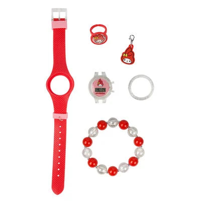 Red watch strap, keychain, and bracelet on a white background