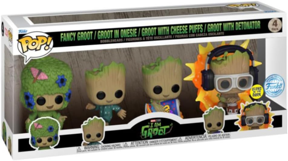 Box of Funko Pop! figures including Groot with cheese puffs and other variations.
