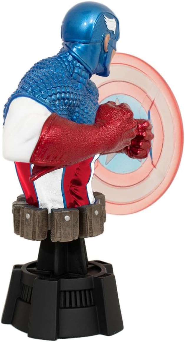 Action figure of a superhero in blue and red costume with a shield in the background