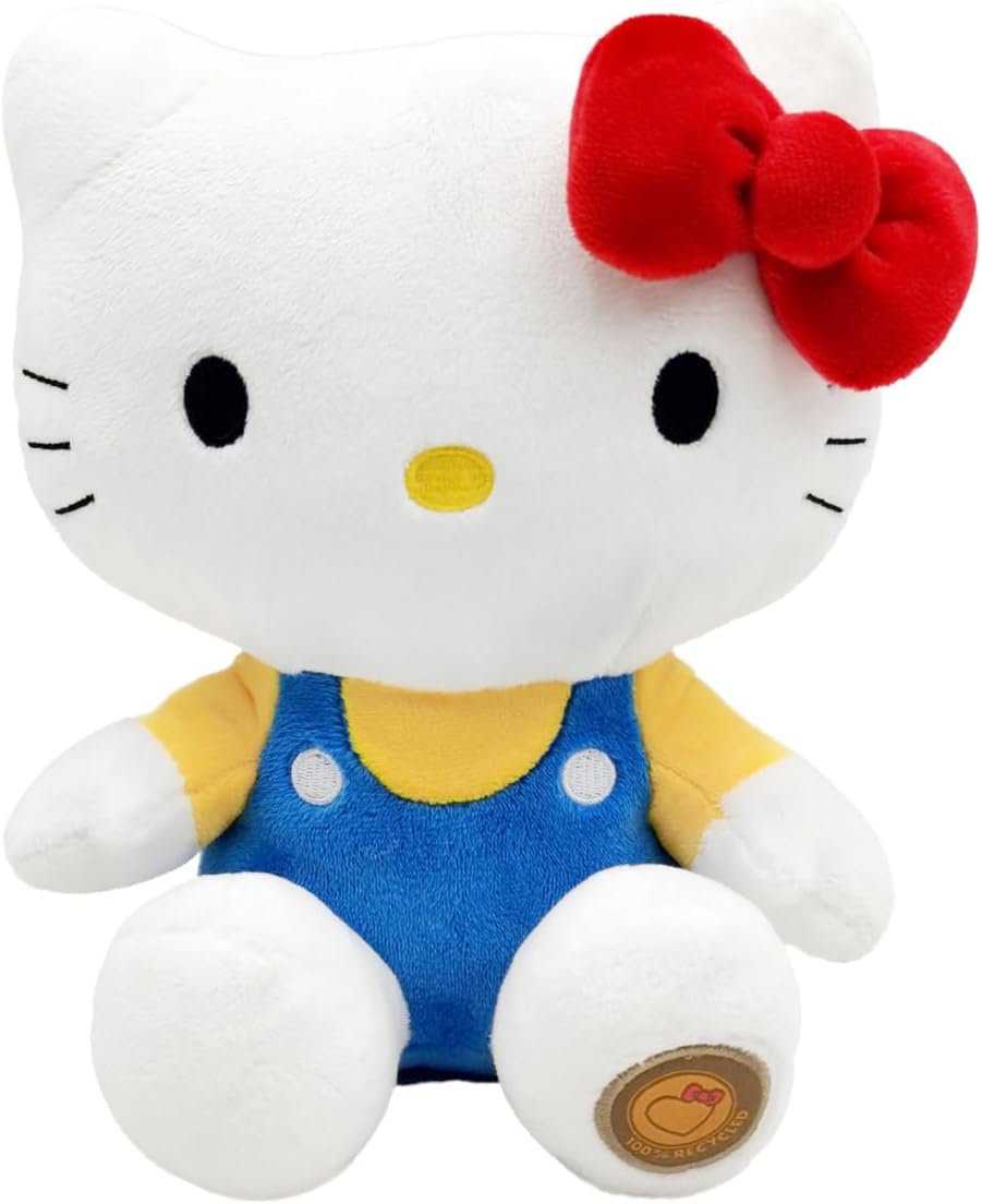 Plush toy of a character with a red bow, yellow shirt, and blue overalls on a white background