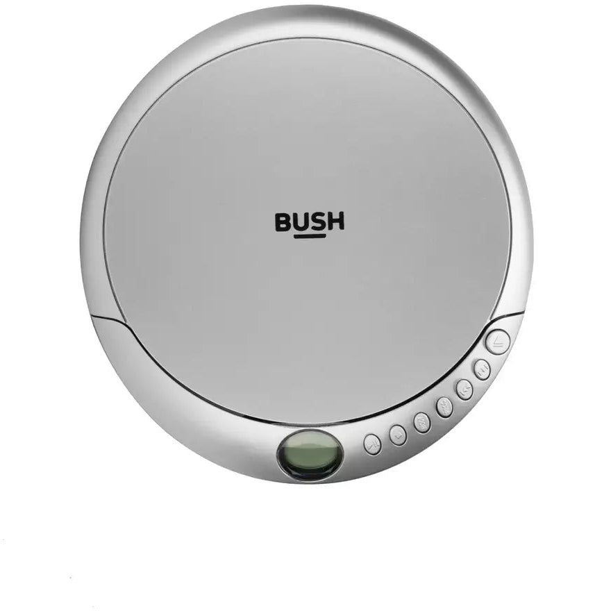 Silver portable CD player with 'BUSH' branding on a white background