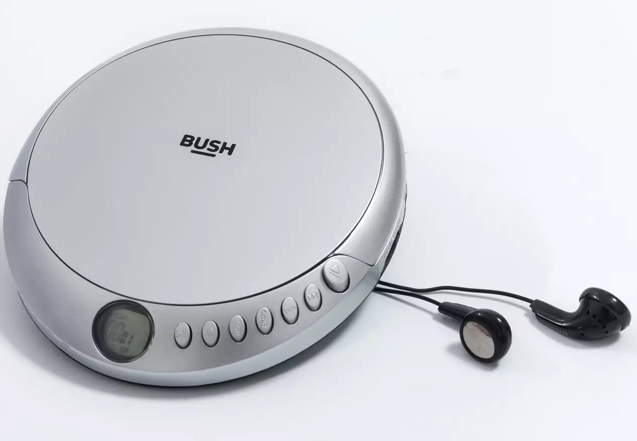 Silver portable CD player with 'BUSH' branding on a white background