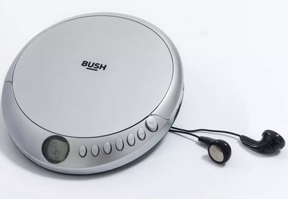 Silver portable CD player with 'BUSH' branding on a white background