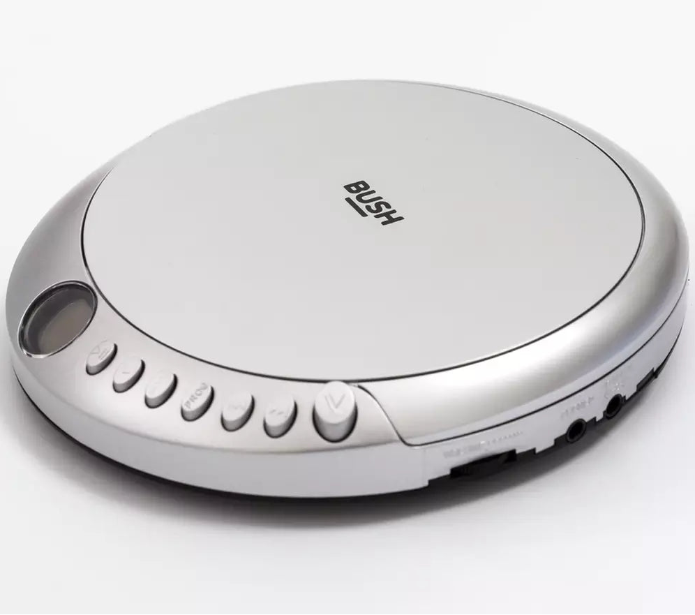 Silver portable CD player with 'BUSH' branding on a white background