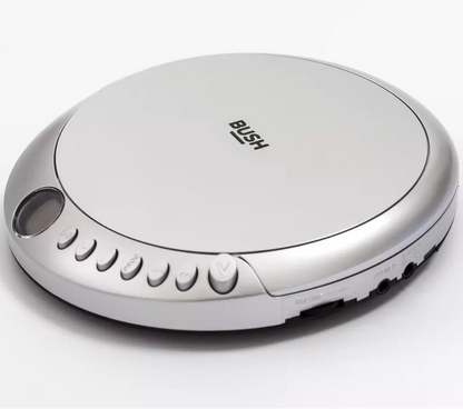 Silver portable CD player with 'BUSH' branding on a white background