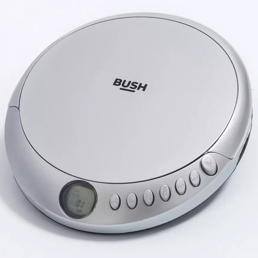 Silver portable CD player with 'BUSH' branding on a white background