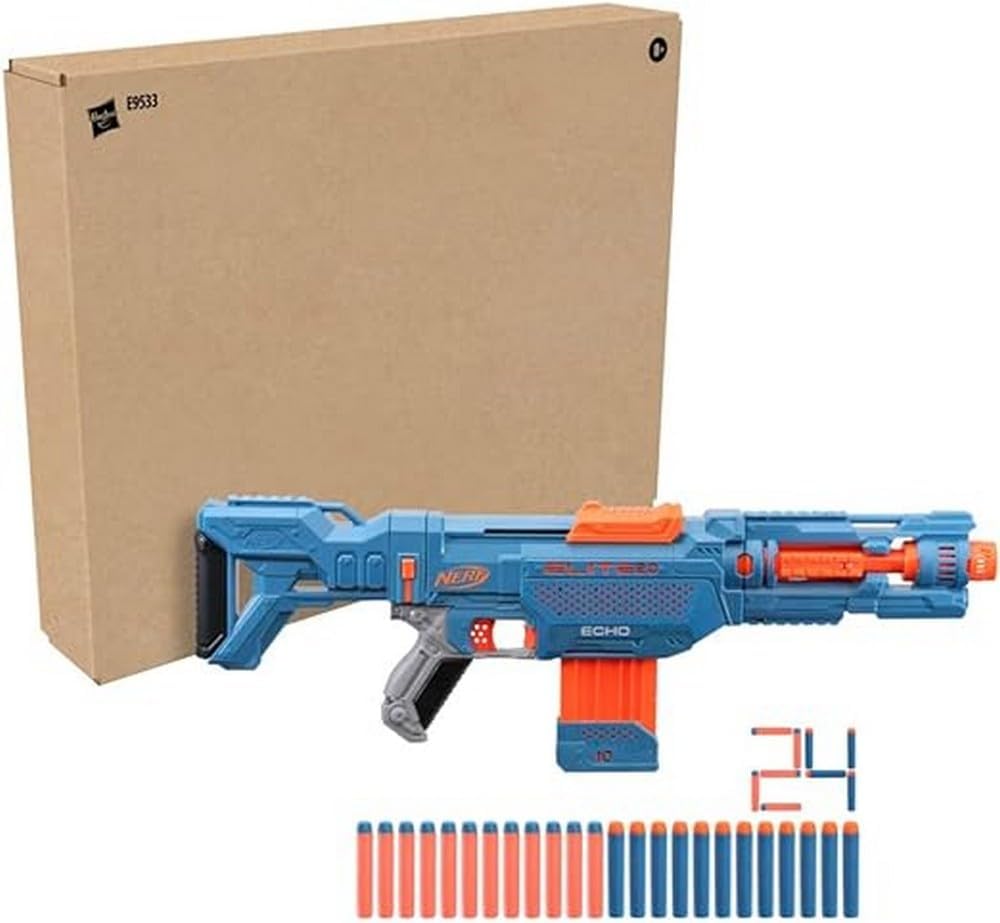 Blue and orange toy gun with packaging and additional accessories on a white background