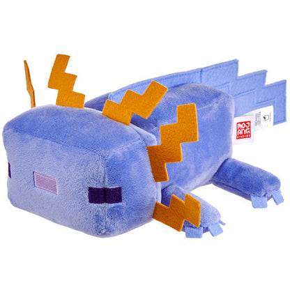 Blue minecraft plush toy with orange accents on a white background