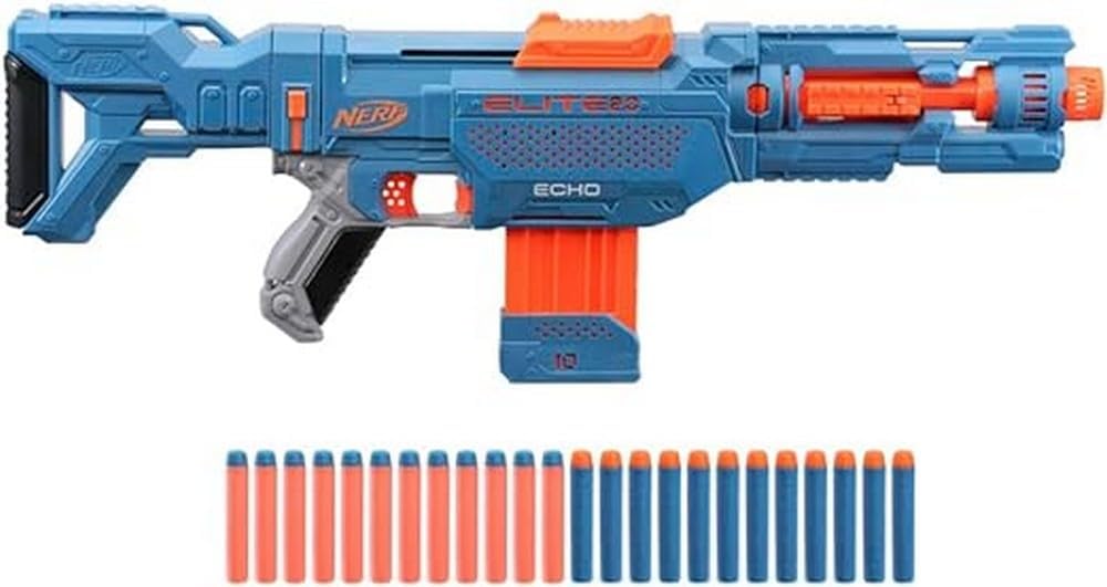 Nerf Elite Echo blaster with multiple darts on a white background