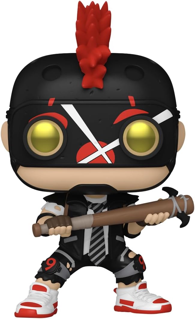 Funko Pop! vinyl figure with a character wearing a black helmet with red mohawk, yellow goggles, and holding a baseball bat.