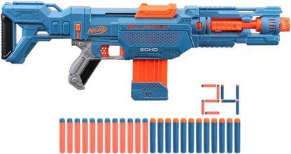 Blue and orange Nerf gun with multiple darts on a white background