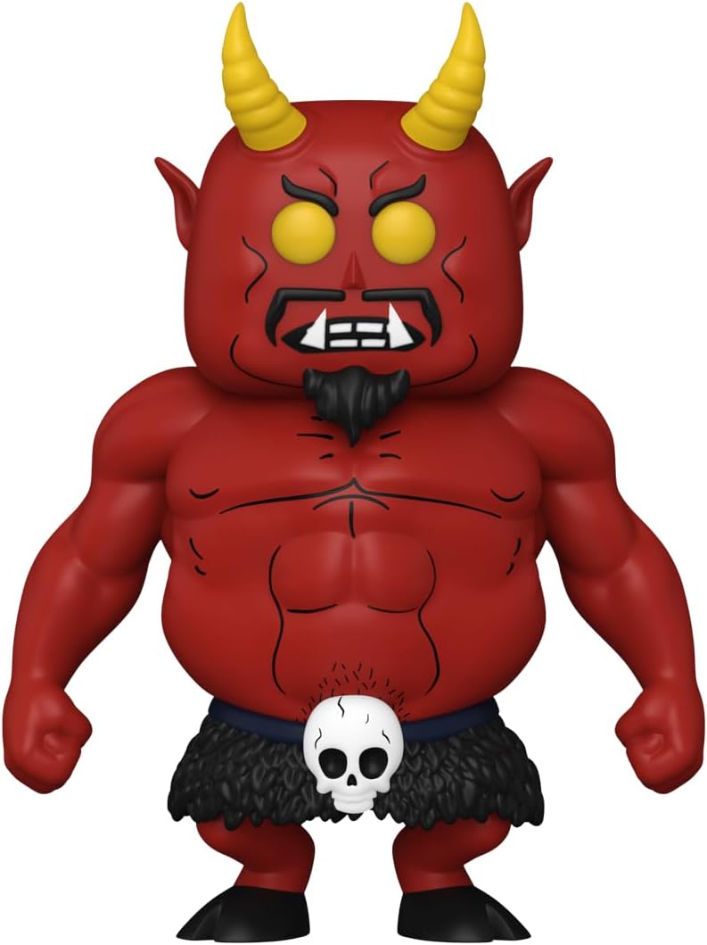 Red devil figurine with yellow horns on a white background