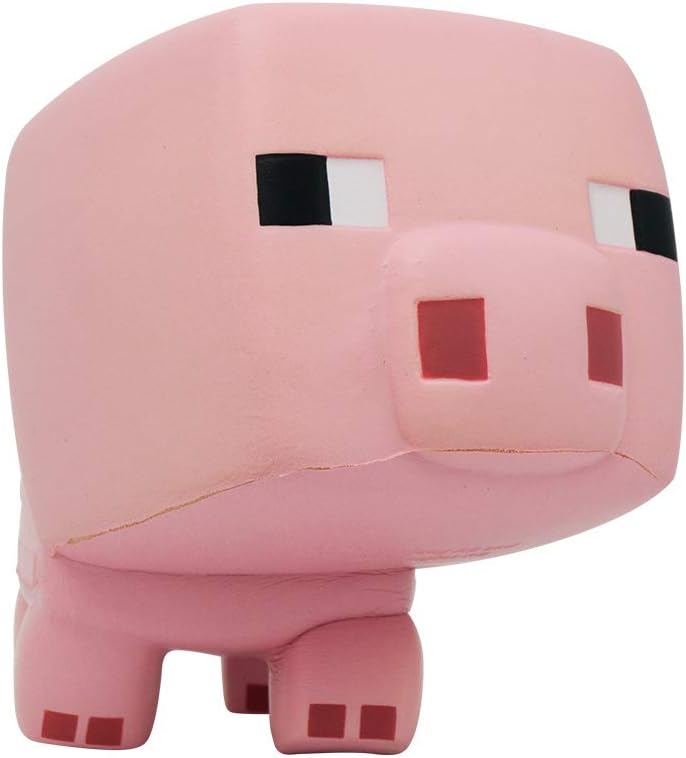 Pink plush toy resembling a Minecraft pig on a white background