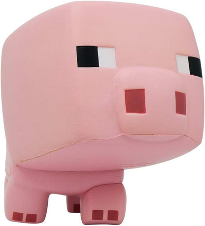 Pink plush toy resembling a Minecraft pig on a white background