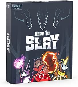Board game box titled 'Here to Slay' with characters and dragon illustration on a dark background.