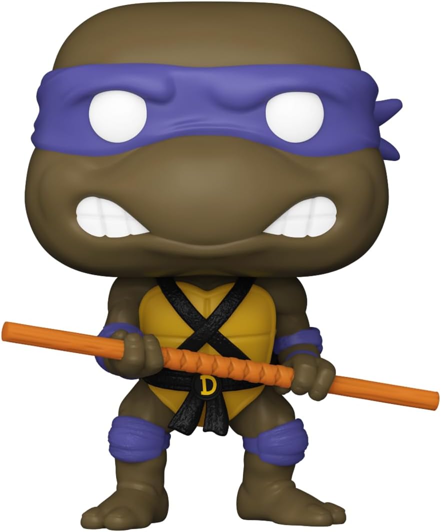 Funko Pop! vinyl figure of a teenage mutant ninja turtle with purple mask and orange weapon on a white background