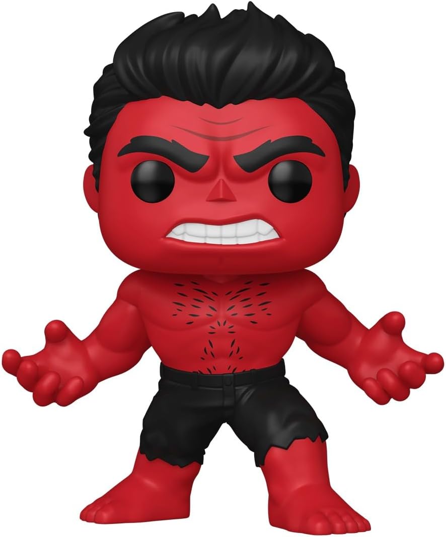 Red and black superhero figurine with an angry expression on a white background