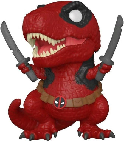 Red dinosaur-like figure with swords and a belt featuring a Deadpool logo on a white background