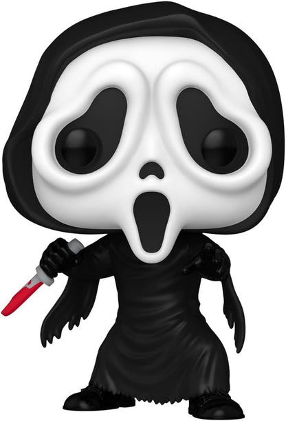 Funko Pop! vinyl figure of Ghost Face, a character with a white face, black robe, and red knife on a white background