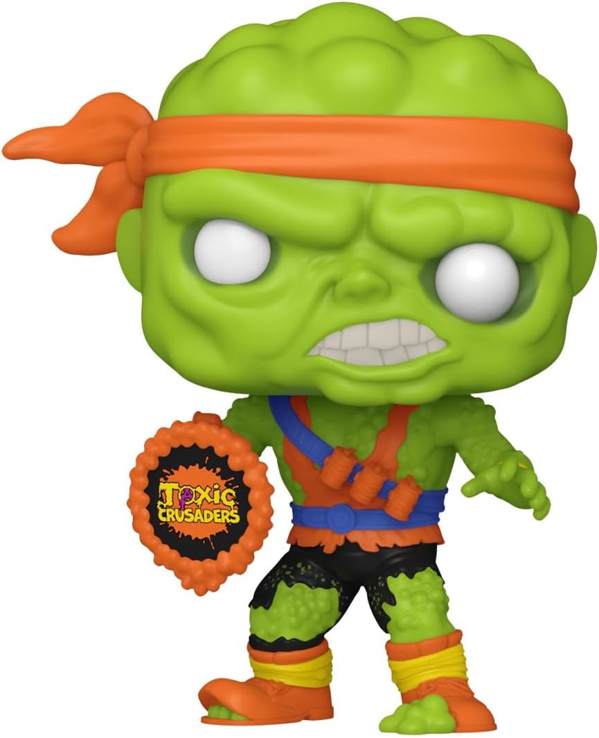 Green alien figure with orange bandana and 'Toxic Crusaders' badge on a white background