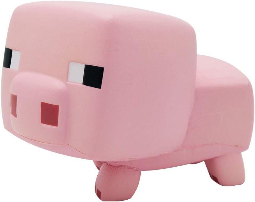 Pink plush toy resembling a pig with blocky design on a white background