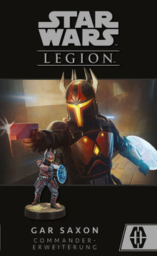 Star Wars Legion Gar Saxon Commander expansion with character and helmet on a dark background