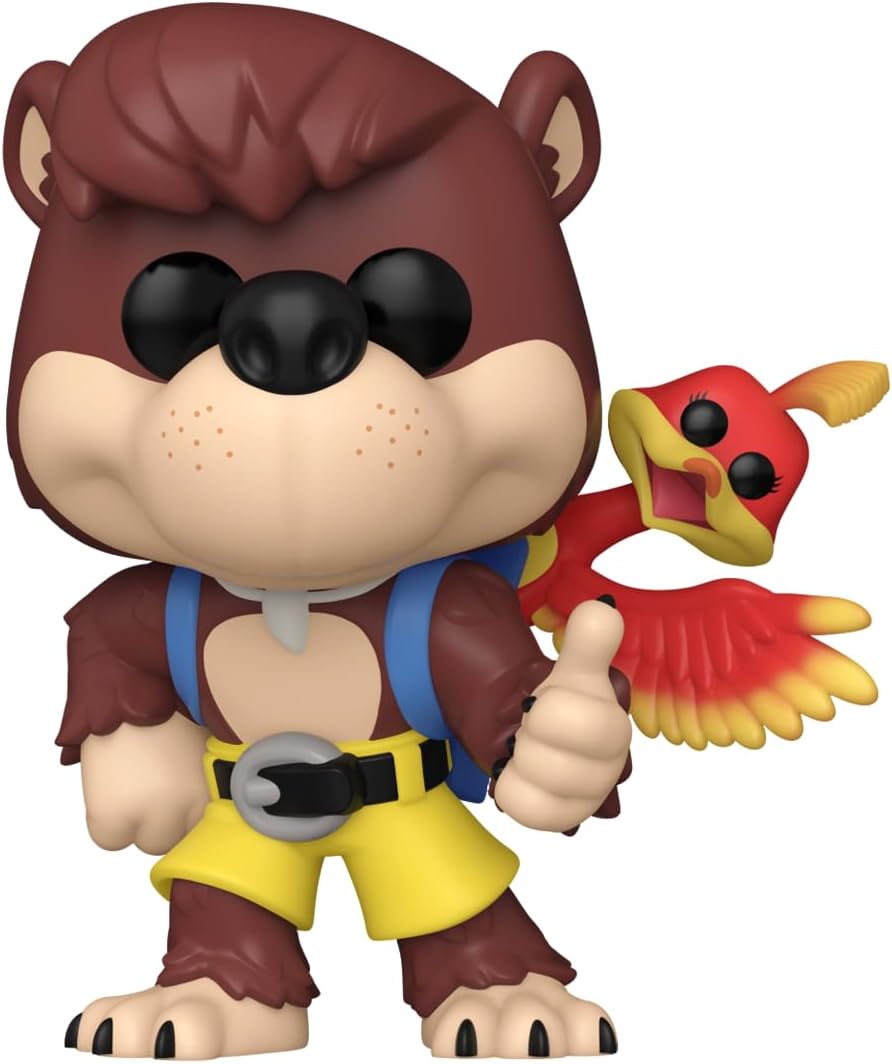Banjo-Kazooie Funko character with a red and yellow creature, wearing a brown outfit with a blue strap and yellow shorts.