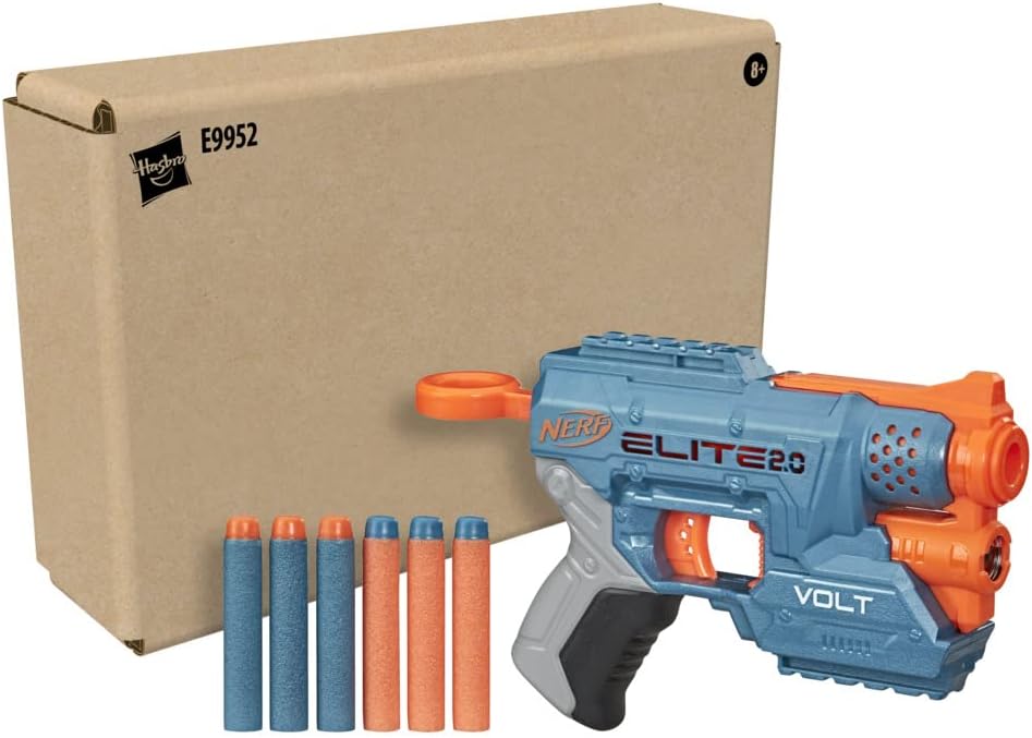 Blue and orange toy gun with darts next to a cardboard box on a white background