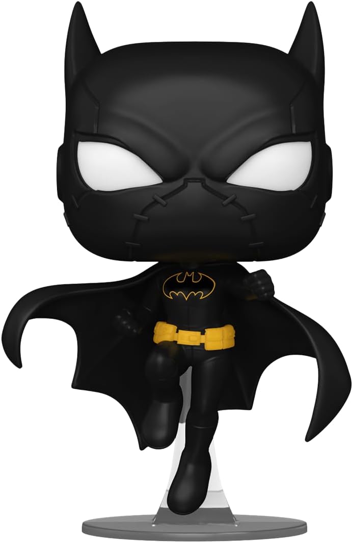 Black superhero figure with a yellow bat emblem on a white background