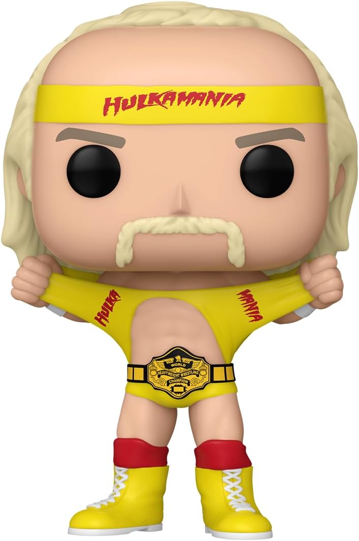 Funko Pop! vinyl figure of a wrestler in yellow and red outfit with 'Hulkamania' headband.