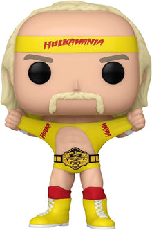 Funko Pop! vinyl figure of a wrestler in yellow and red outfit with 'Hulkamania' headband.