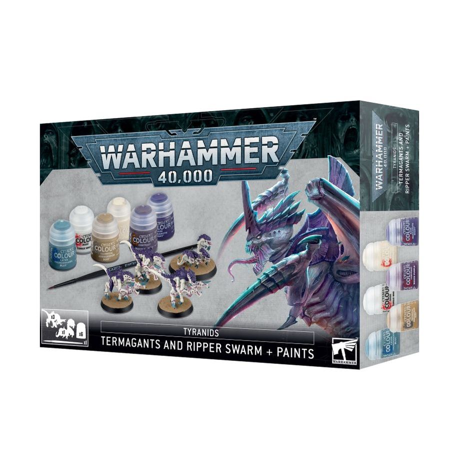 Warhammer 40,000 game box with miniatures and paint sets on a white background