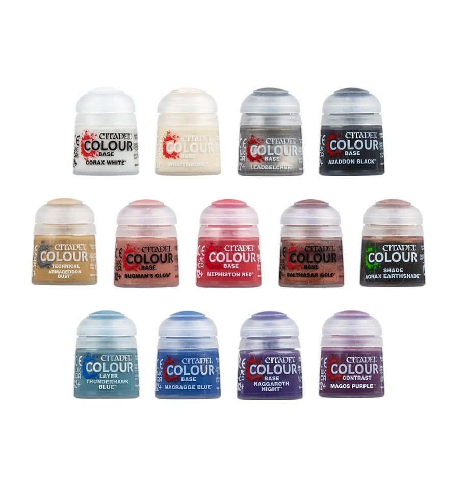 Collection of Citadel Colour mini paint jars on a white background