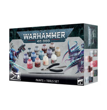 Warhammer 40,000 paint set packaging with various paint bottles and tools on a white background