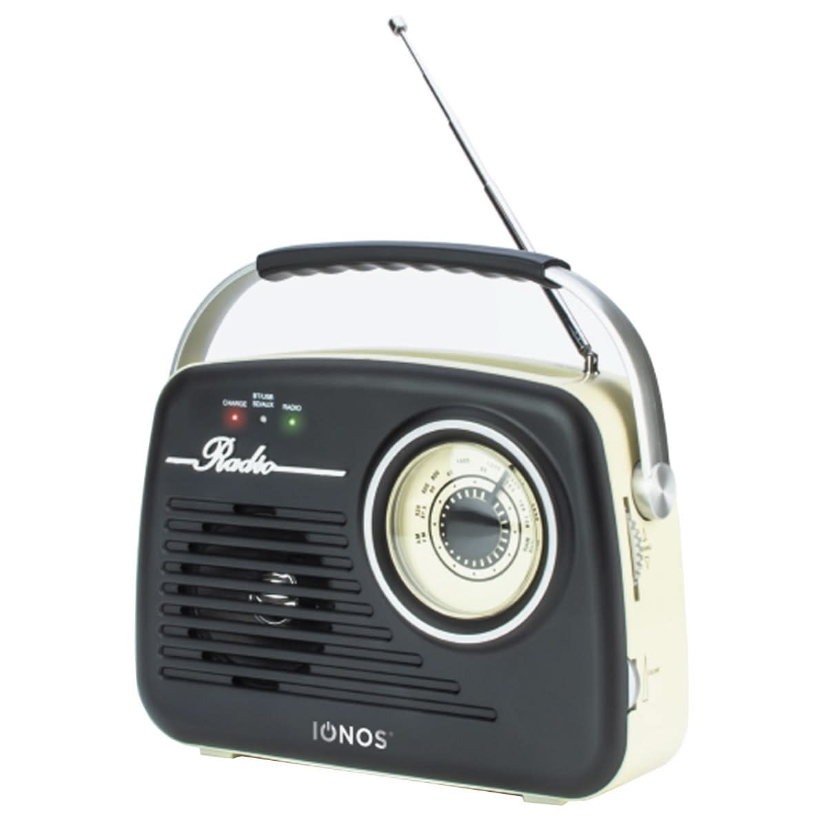 Vintage-style radio with black and beige design on a white background