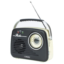 Vintage-style radio with black and beige design on a white background