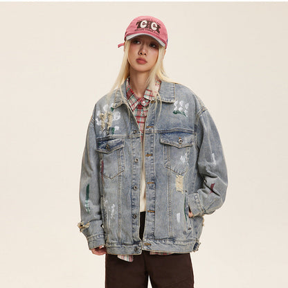 Unisex Washed Graffiti Ripped Denim Jacket - Retro