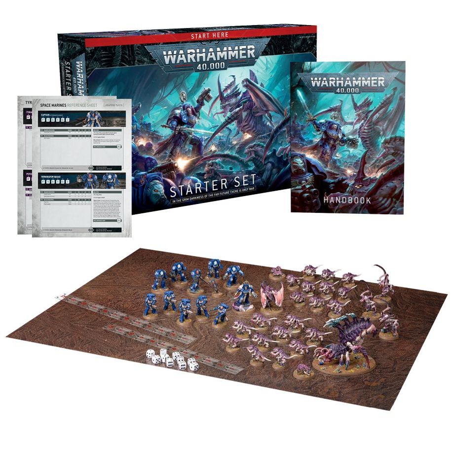 Warhammer 40,000 starter set with miniatures and game components on a white background