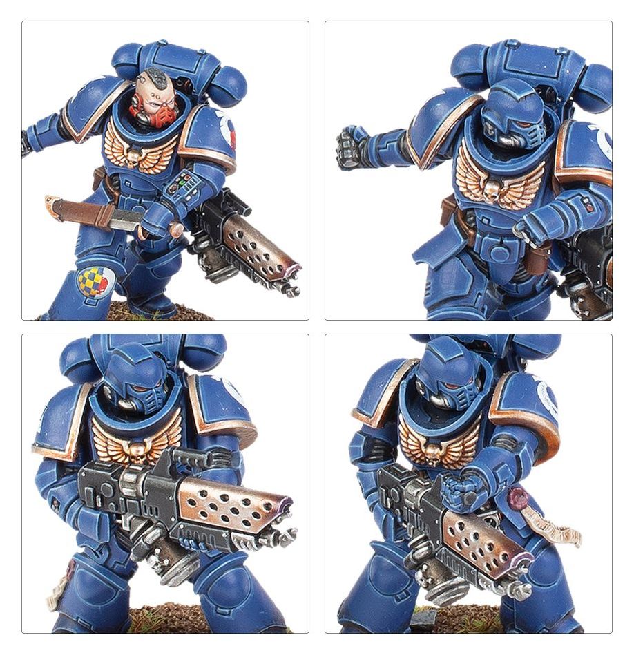 Four views of a blue armored figure with weaponry on a white background