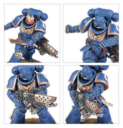 Four views of a blue armored figure with weaponry on a white background