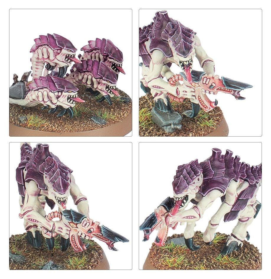 Four views of a fantasy creature with purple armor and a large weapon on a textured surface.