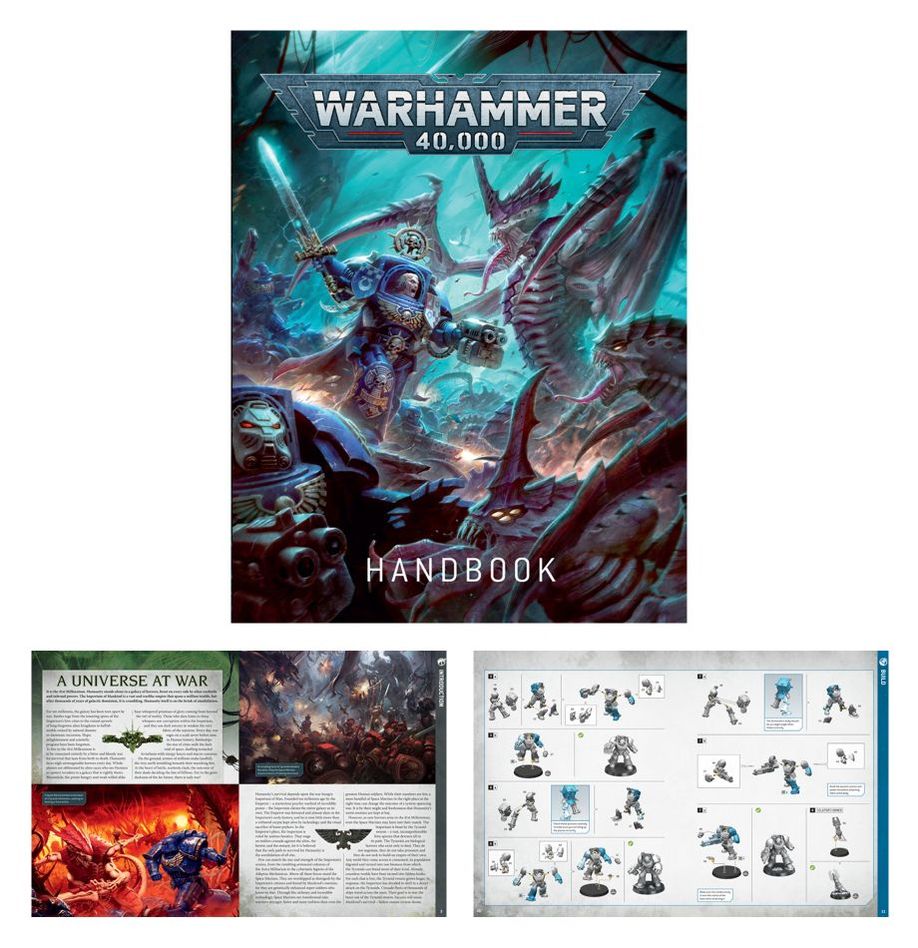 Warhammer 40,000 handbook with character illustrations and game information.