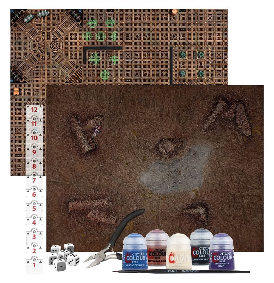 Game board with miniature figures, dice, paint cans, and tools on a white background