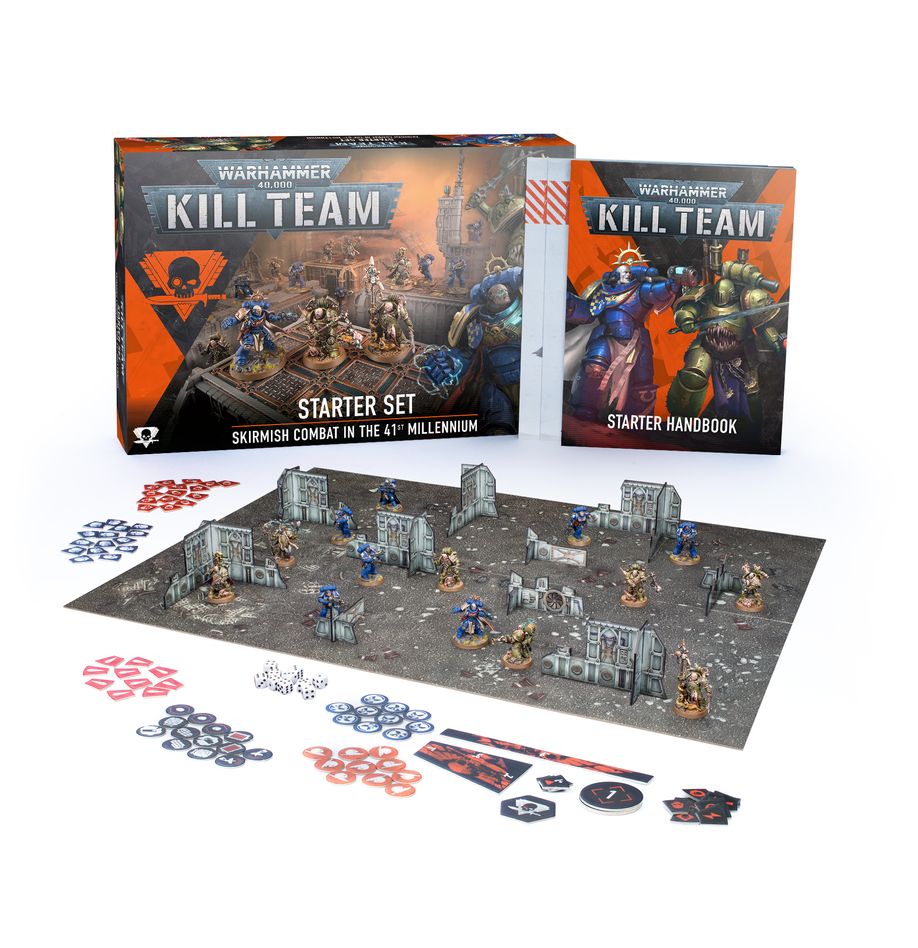 Warhammer Kill Team starter set with miniatures and accessories on a white background