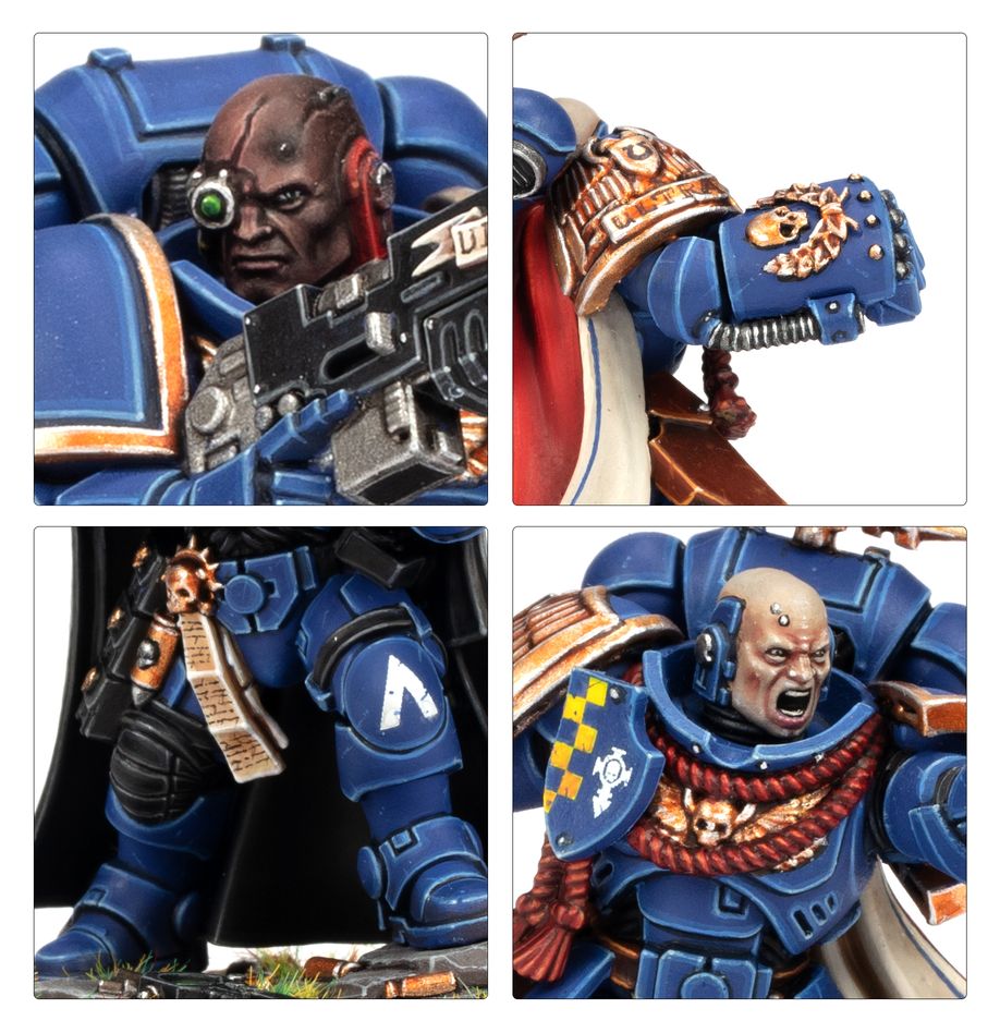 Warhammer Collage of a detailed action figure with blue armor and weapons.