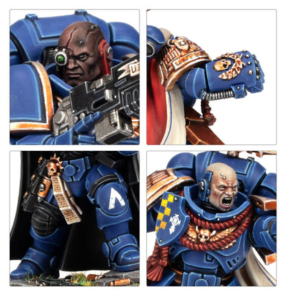Warhammer Collage of a detailed action figure with blue armor and weapons.